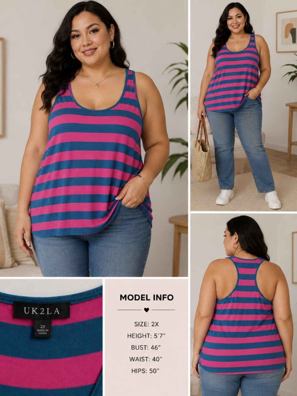 UK2LA 2X Pink Blue Striped Cotton Tank Top